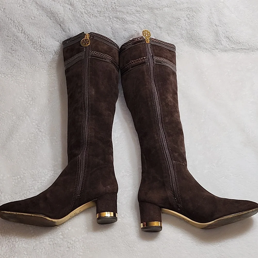 Tory Burch Uma Brown Genuine Suede Knee High Full Zip Trim Riding Boots Sz 7 - Picture 5 of 16